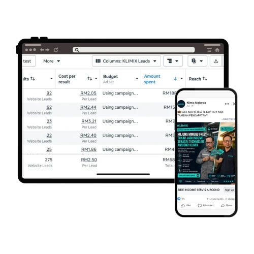 Hasil kempen Meta Ads untuk aplikasi KLIMIX Aircond, dengan kreatif iklan Facebook